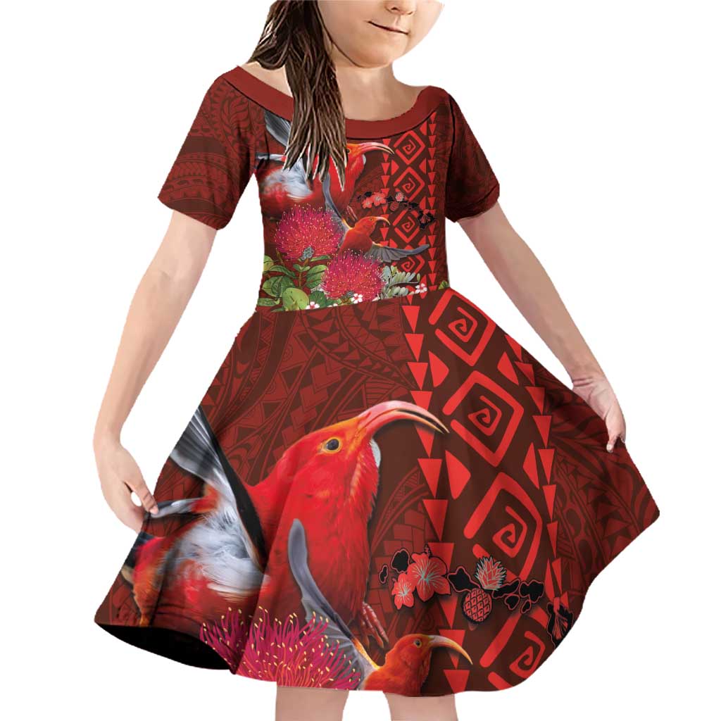 Hawaii KaUla Wena Iiwi Family Matching Off Shoulder Short Dress and Hawaiian Shirt With Tropical Plants and 'Ohi'a lehua Kakau Art Tattoo LT03 Daughter's Dress Red - Polynesian Pride