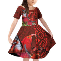 Hawaii KaUla Wena Iiwi Family Matching Off Shoulder Short Dress and Hawaiian Shirt With Tropical Plants and 'Ohi'a lehua Kakau Art Tattoo LT03 Daughter's Dress Red - Polynesian Pride