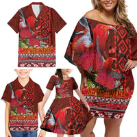 Hawaii KaUla Wena Iiwi Family Matching Off Shoulder Short Dress and Hawaiian Shirt With Tropical Plants and 'Ohi'a lehua Kakau Art Tattoo LT03 - Polynesian Pride