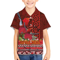 Hawaii KaUla Wena Iiwi Family Matching Off Shoulder Short Dress and Hawaiian Shirt With Tropical Plants and 'Ohi'a lehua Kakau Art Tattoo LT03 Son's Shirt Red - Polynesian Pride