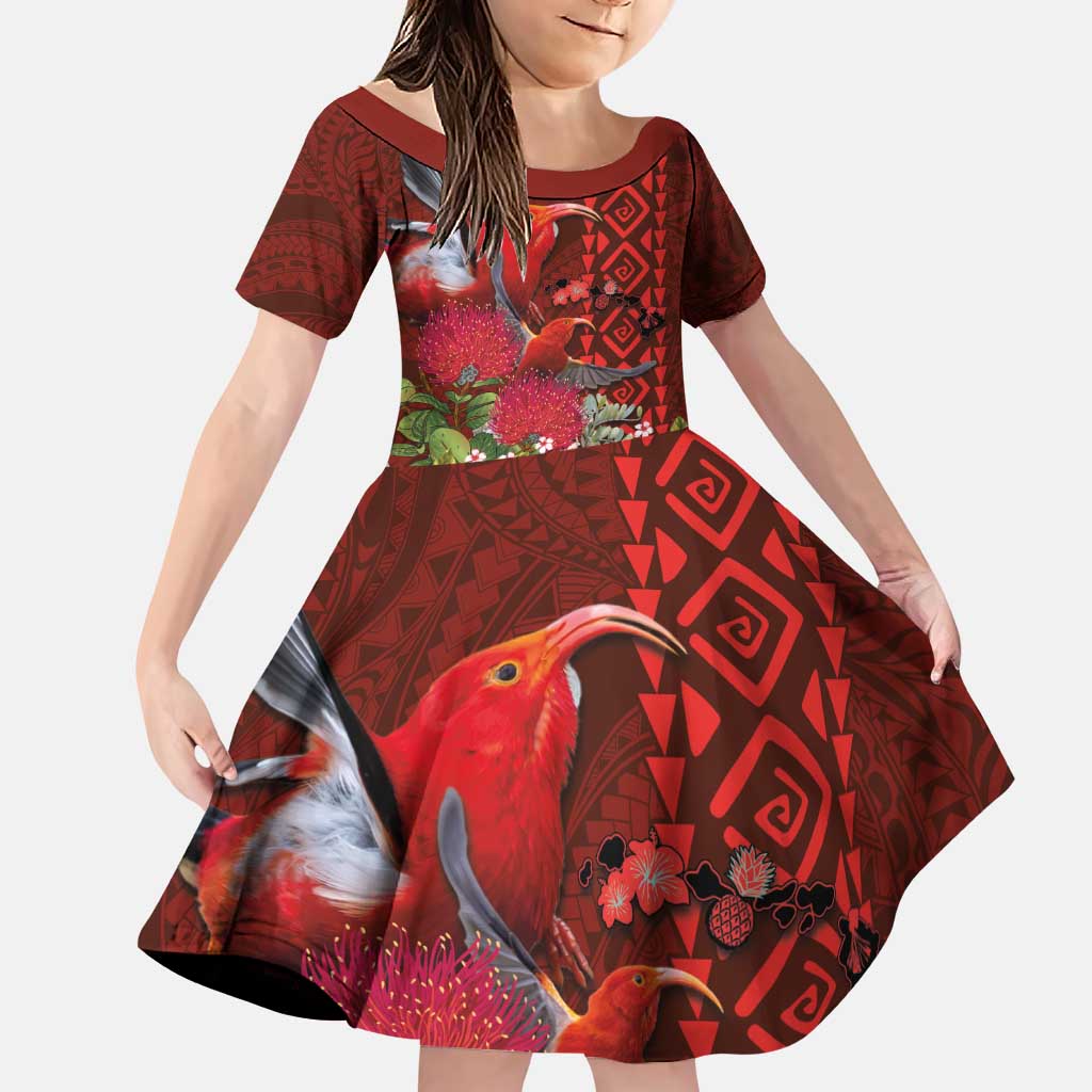 Hawaii KaUla Wena Iiwi Family Matching Puletasi and Hawaiian Shirt With Tropical Plants and 'Ohi'a lehua Kakau Art Tattoo LT03 Daughter's Dress Red - Polynesian Pride