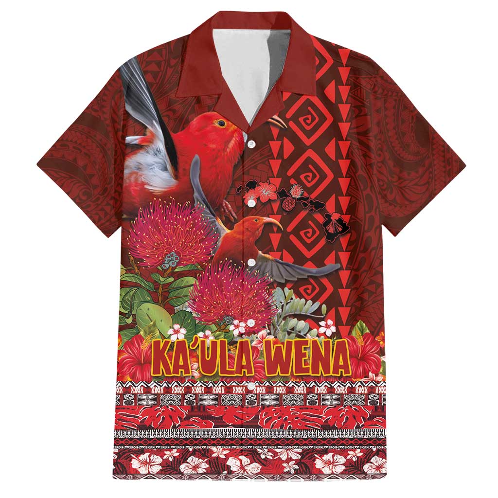 Hawaii KaUla Wena Iiwi Family Matching Puletasi and Hawaiian Shirt With Tropical Plants and 'Ohi'a lehua Kakau Art Tattoo LT03 Dad's Shirt - Short Sleeve Red - Polynesian Pride
