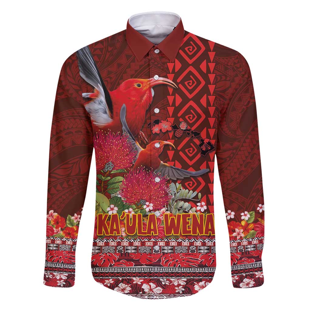 Hawaii KaUla Wena Iiwi Family Matching Puletasi and Hawaiian Shirt With Tropical Plants and 'Ohi'a lehua Kakau Art Tattoo LT03 Dad's Shirt - Long Sleeve Red - Polynesian Pride