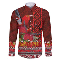 Hawaii KaUla Wena Iiwi Family Matching Puletasi and Hawaiian Shirt With Tropical Plants and 'Ohi'a lehua Kakau Art Tattoo LT03 Dad's Shirt - Long Sleeve Red - Polynesian Pride