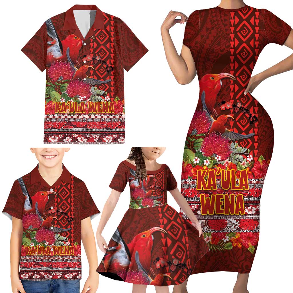 Hawaii KaUla Wena Iiwi Family Matching Short Sleeve Bodycon Dress and Hawaiian Shirt With Tropical Plants and 'Ohi'a lehua Kakau Art Tattoo LT03 - Polynesian Pride