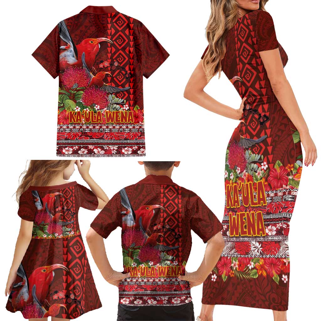 Hawaii KaUla Wena Iiwi Family Matching Short Sleeve Bodycon Dress and Hawaiian Shirt With Tropical Plants and 'Ohi'a lehua Kakau Art Tattoo LT03 - Polynesian Pride