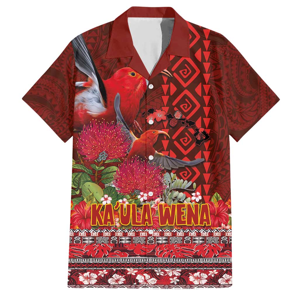 Hawaii KaUla Wena Iiwi Family Matching Short Sleeve Bodycon Dress and Hawaiian Shirt With Tropical Plants and 'Ohi'a lehua Kakau Art Tattoo LT03 Dad's Shirt - Short Sleeve Red - Polynesian Pride