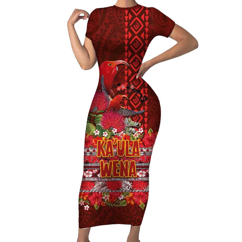 Hawaii KaUla Wena Iiwi Family Matching Short Sleeve Bodycon Dress and Hawaiian Shirt With Tropical Plants and 'Ohi'a lehua Kakau Art Tattoo LT03 Mom's Dress Red - Polynesian Pride