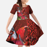 Hawaii KaUla Wena Iiwi Family Matching Tank Maxi Dress and Hawaiian Shirt With Tropical Plants and 'Ohi'a lehua Kakau Art Tattoo LT03 Daughter's Dress Red - Polynesian Pride