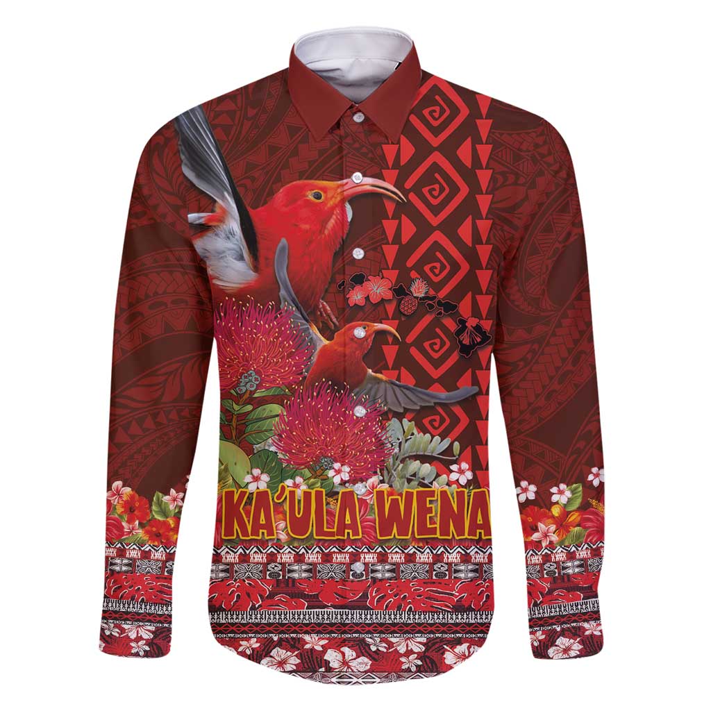Hawaii KaUla Wena Iiwi Family Matching Tank Maxi Dress and Hawaiian Shirt With Tropical Plants and 'Ohi'a lehua Kakau Art Tattoo LT03 Dad's Shirt - Long Sleeve Red - Polynesian Pride