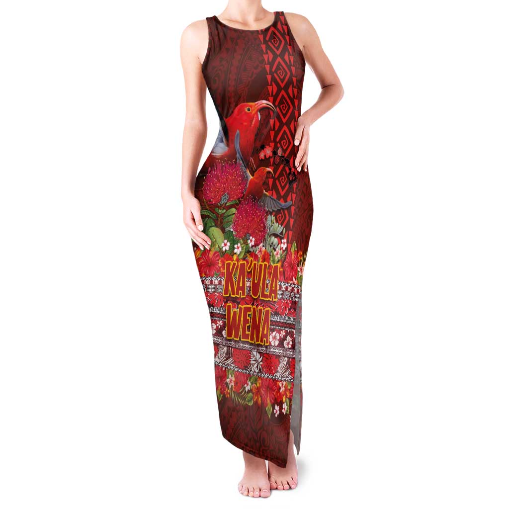 Hawaii KaUla Wena Iiwi Family Matching Tank Maxi Dress and Hawaiian Shirt With Tropical Plants and 'Ohi'a lehua Kakau Art Tattoo LT03 Mom's Dress Red - Polynesian Pride