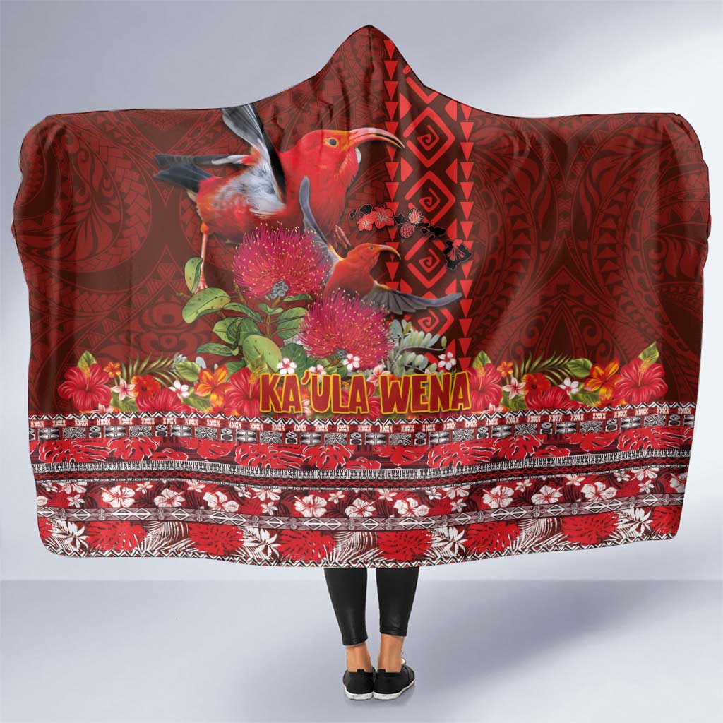 Hawaii KaUla Wena Iiwi Hooded Blanket With Tropical Plants and 'Ohi'a lehua Kakau Art Tattoo LT03 One Size Red - Polynesian Pride