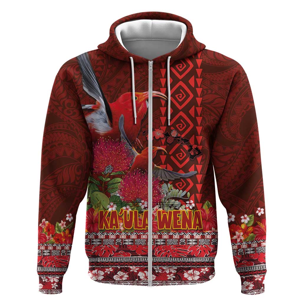 Hawaii KaUla Wena Iiwi Hoodie With Tropical Plants and 'Ohi'a lehua Kakau Art Tattoo LT03 Zip Hoodie Red - Polynesian Pride