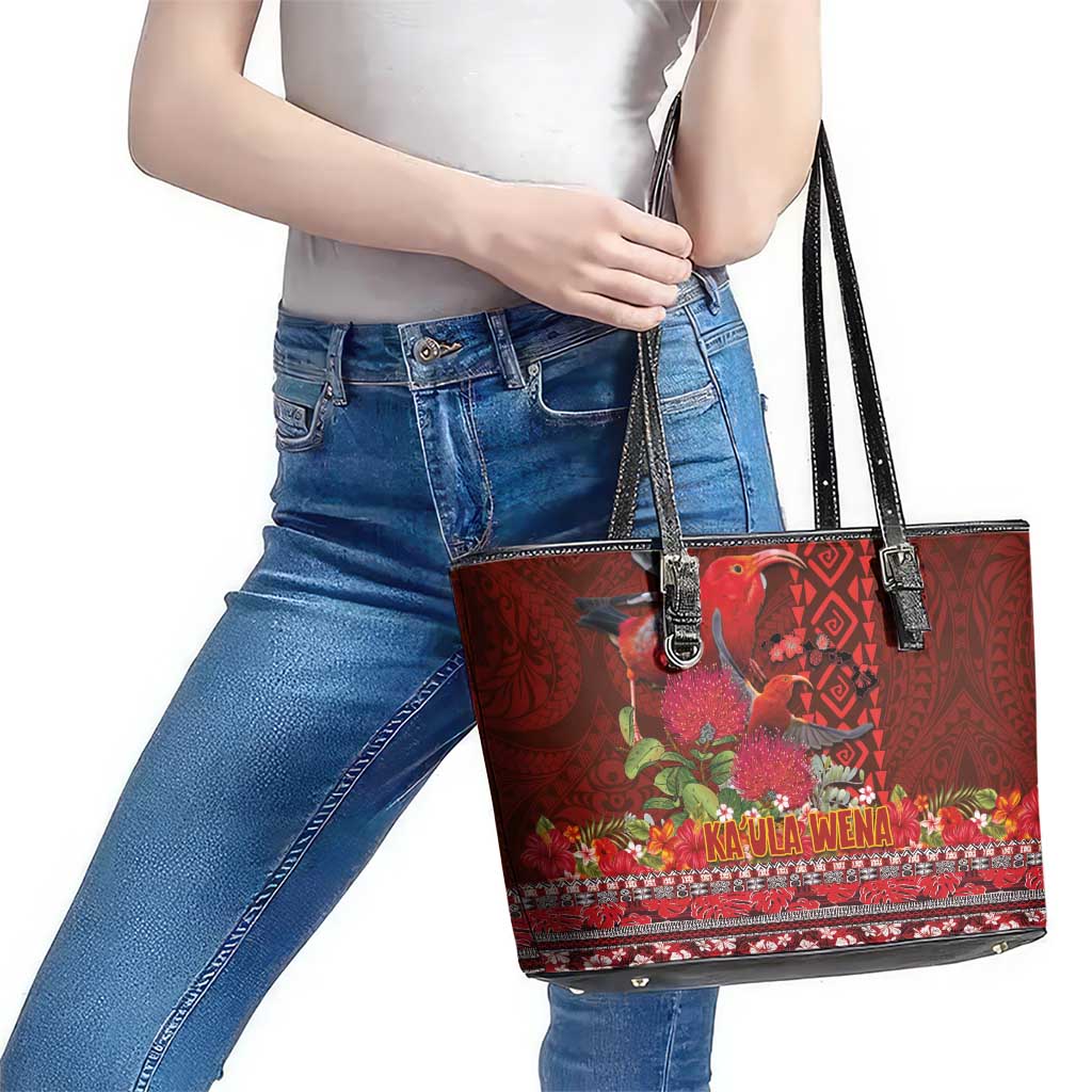 Hawaii KaUla Wena Iiwi Leather Tote Bag With Tropical Plants and 'Ohi'a lehua Kakau Art Tattoo LT03 - Polynesian Pride
