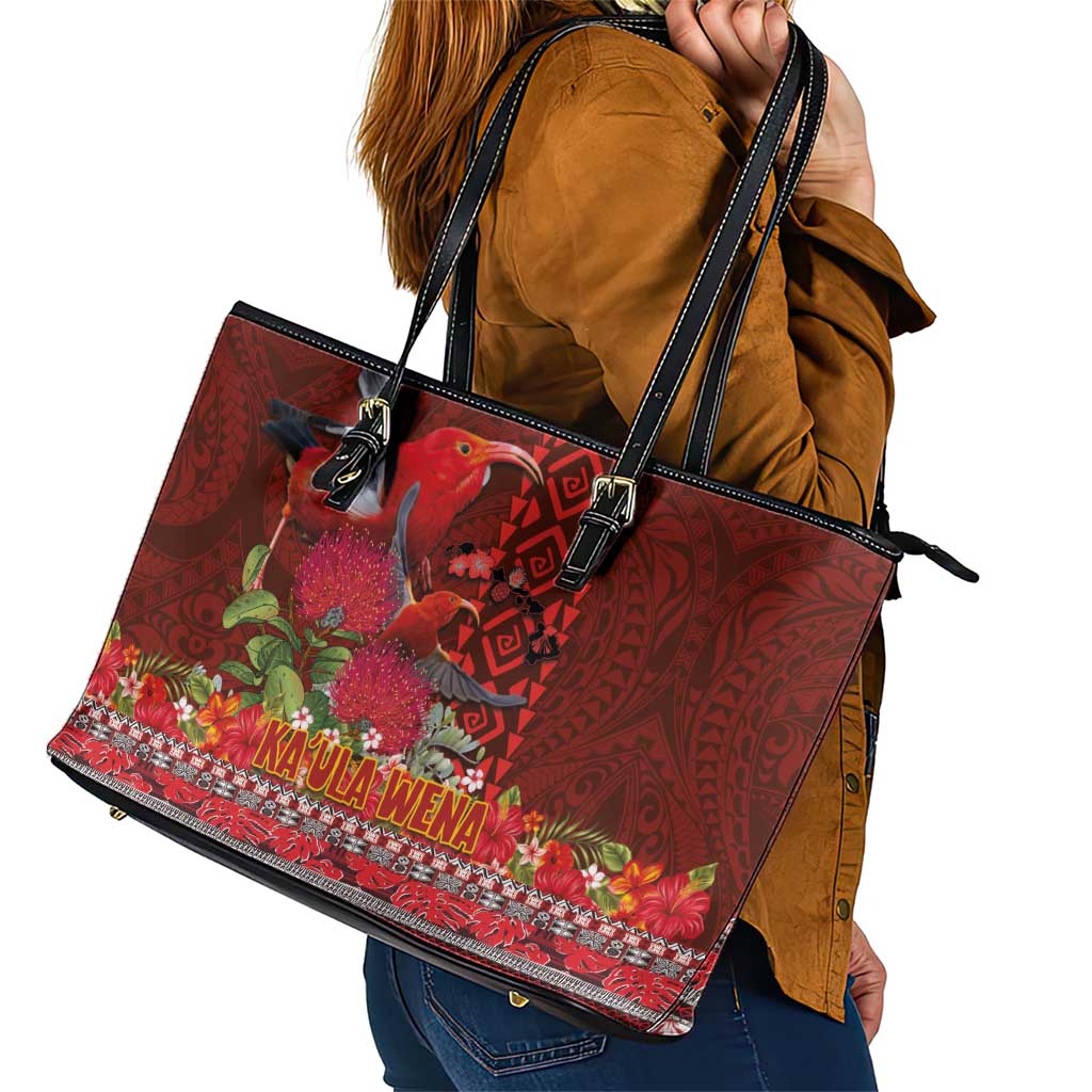Hawaii KaUla Wena Iiwi Leather Tote Bag With Tropical Plants and 'Ohi'a lehua Kakau Art Tattoo LT03 - Polynesian Pride