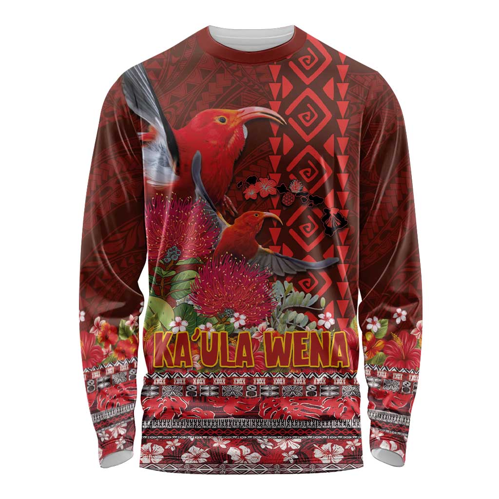 Hawaii KaUla Wena Iiwi Long Sleeve Shirt With Tropical Plants and 'Ohi'a lehua Kakau Art Tattoo LT03 Unisex Red - Polynesian Pride