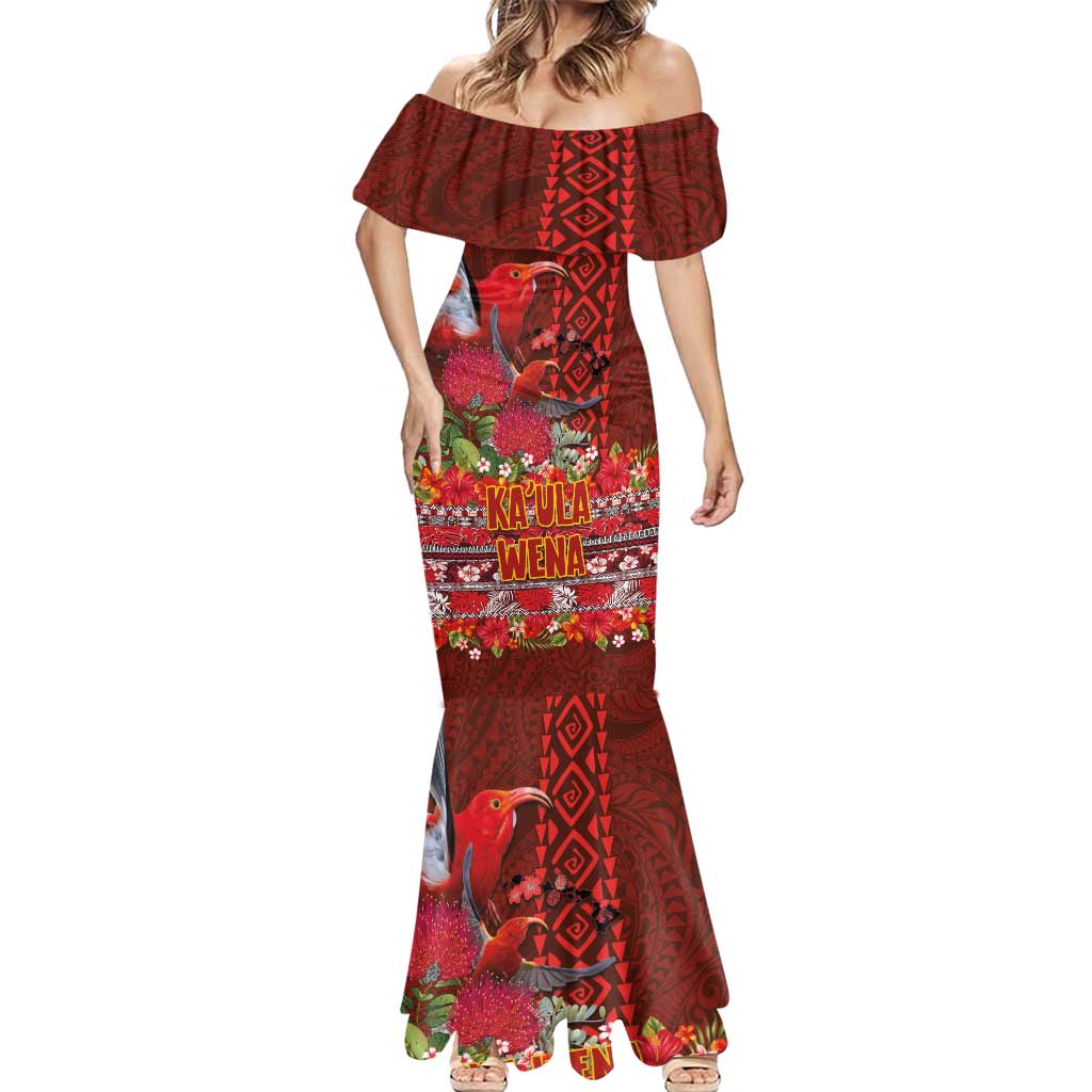 Hawaii KaʻUla Wena ʻIʻiwi Mermaid Dress With Tropical Plants and 'Ohi'a lehua Kakau Art Tattoo