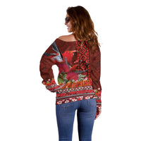 Hawaii KaʻUla Wena ʻIʻiwi Off Shoulder Sweater With Tropical Plants and 'Ohi'a lehua Kakau Art Tattoo