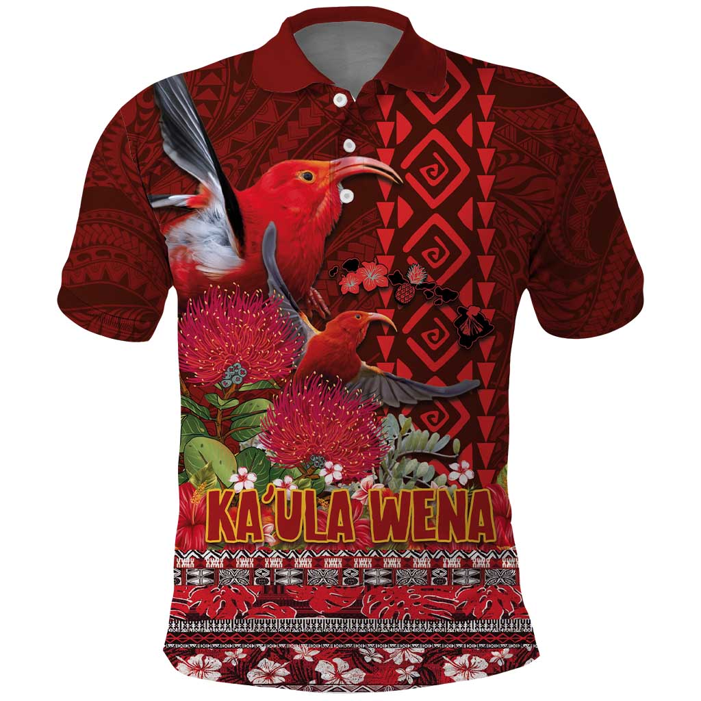 Hawaii KaUla Wena Iiwi Polo Shirt With Tropical Plants and 'Ohi'a lehua Kakau Art Tattoo LT03 Red - Polynesian Pride