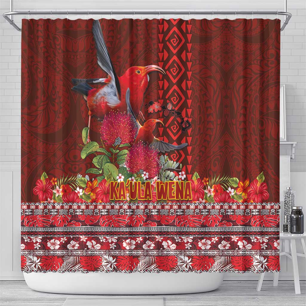 Hawaii KaUla Wena Iiwi Shower Curtain With Tropical Plants and 'Ohi'a lehua Kakau Art Tattoo LT03 - Polynesian Pride