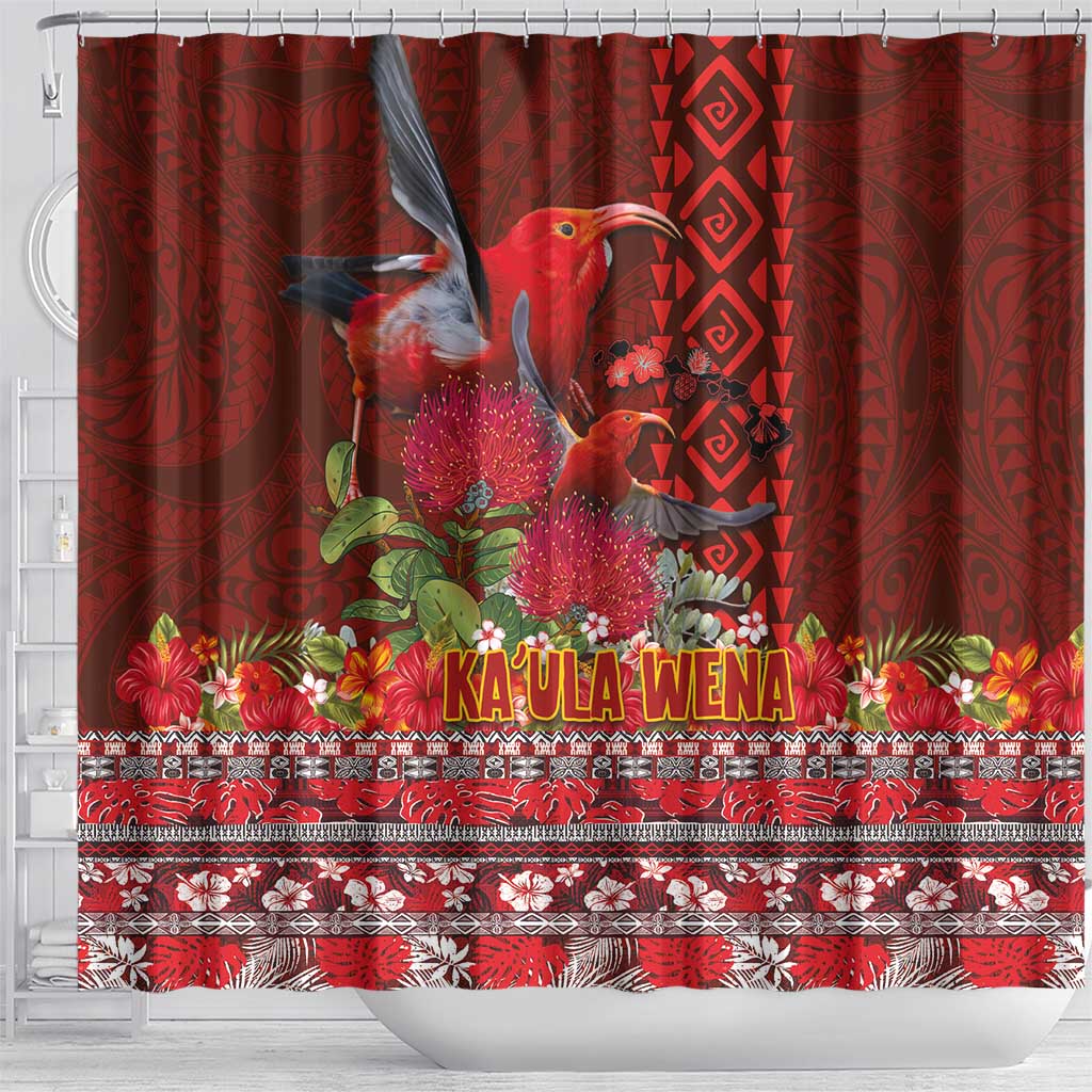 Hawaii KaUla Wena Iiwi Shower Curtain With Tropical Plants and 'Ohi'a lehua Kakau Art Tattoo LT03 - Polynesian Pride
