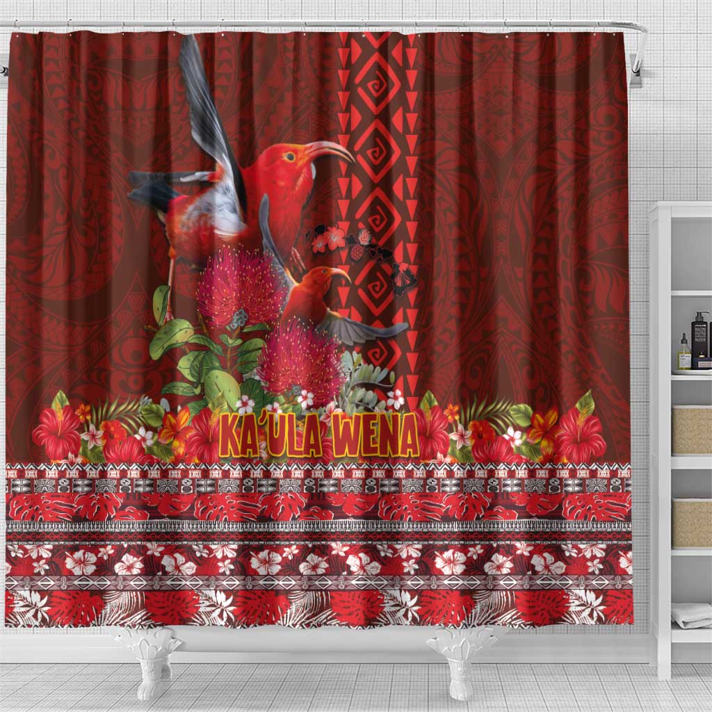 Hawaii KaUla Wena Iiwi Shower Curtain With Tropical Plants and 'Ohi'a lehua Kakau Art Tattoo LT03 - Polynesian Pride