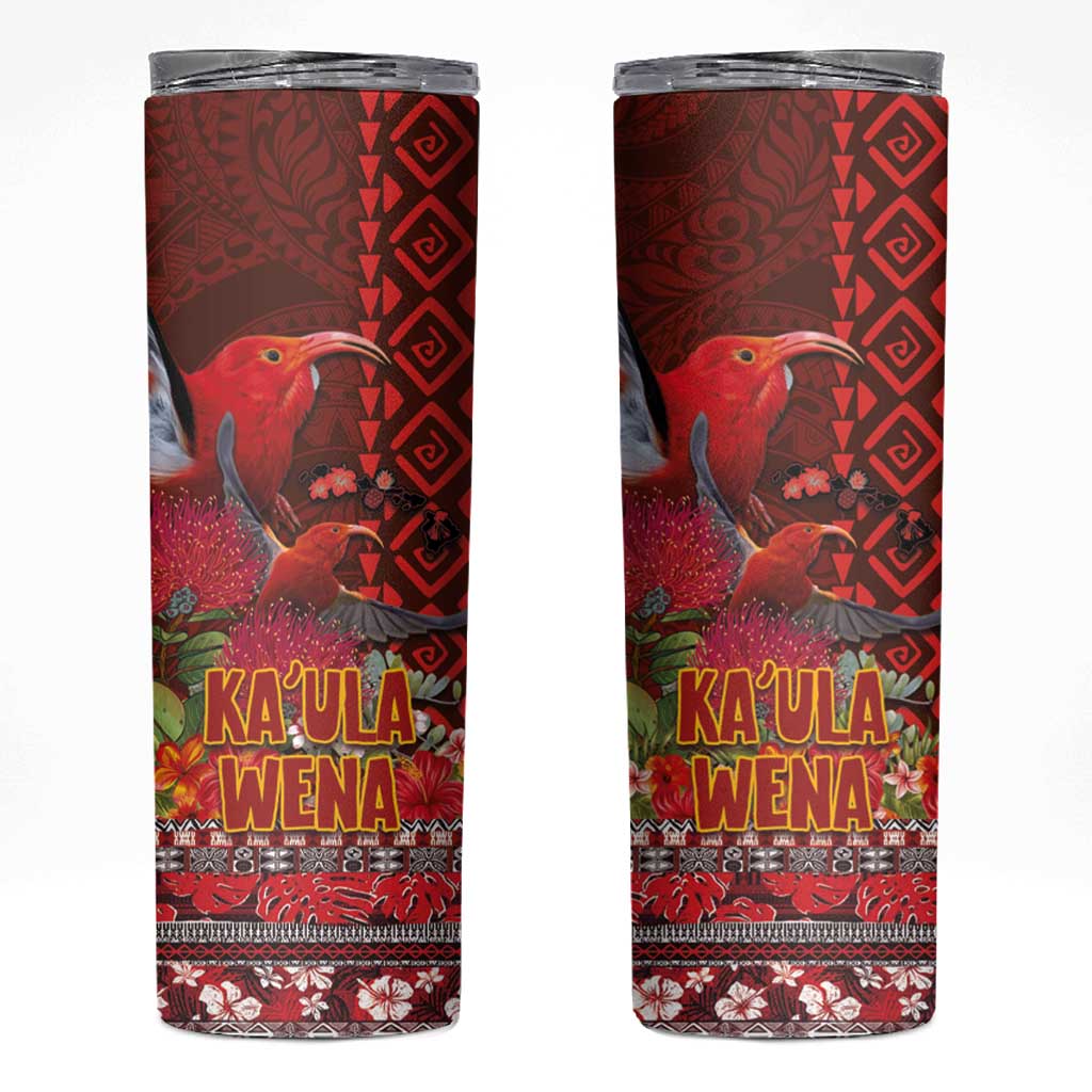 Hawaii KaUla Wena Iiwi Skinny Tumbler With Tropical Plants and 'Ohi'a lehua Kakau Art Tattoo LT03 Red - Polynesian Pride