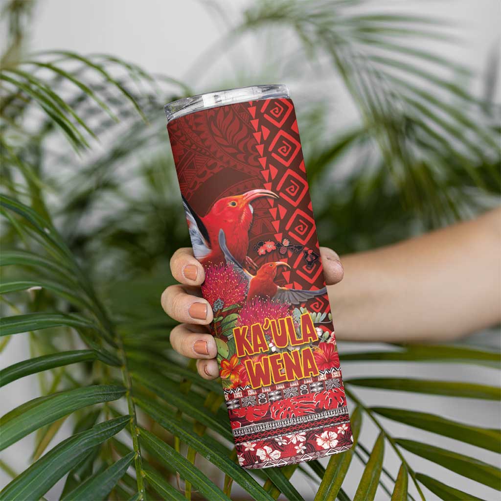 Hawaii KaUla Wena Iiwi Skinny Tumbler With Tropical Plants and 'Ohi'a lehua Kakau Art Tattoo LT03 - Polynesian Pride