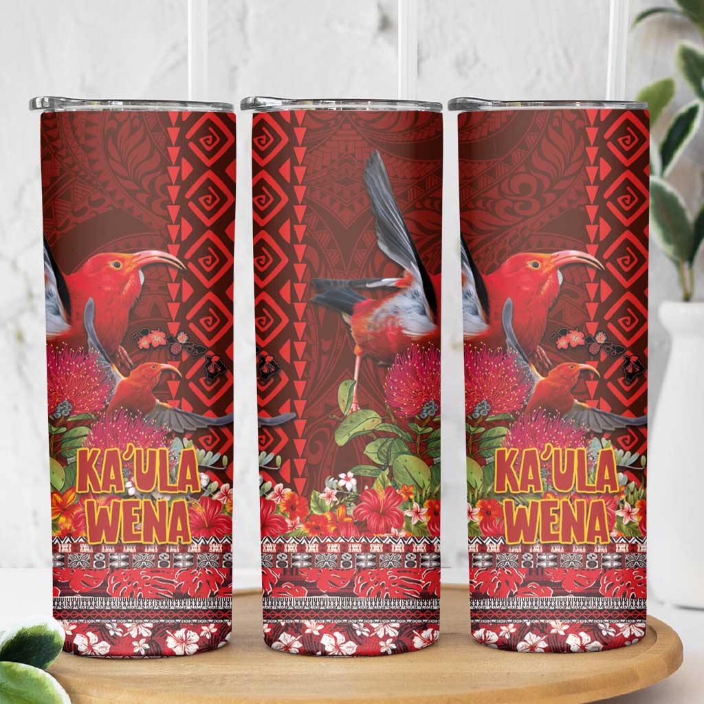 Hawaii KaUla Wena Iiwi Skinny Tumbler With Tropical Plants and 'Ohi'a lehua Kakau Art Tattoo LT03 - Polynesian Pride