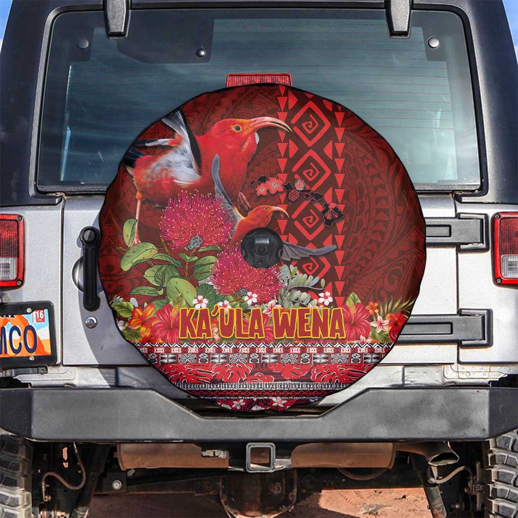 Hawaii KaUla Wena Iiwi Spare Tire Cover With Tropical Plants and 'Ohi'a lehua Kakau Art Tattoo LT03 Red - Polynesian Pride