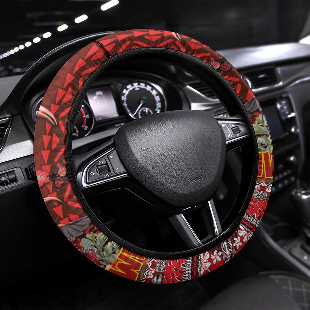 Hawaii KaUla Wena Iiwi Steering Wheel Cover With Tropical Plants and 'Ohi'a lehua Kakau Art Tattoo LT03 Universal Fit Red - Polynesian Pride