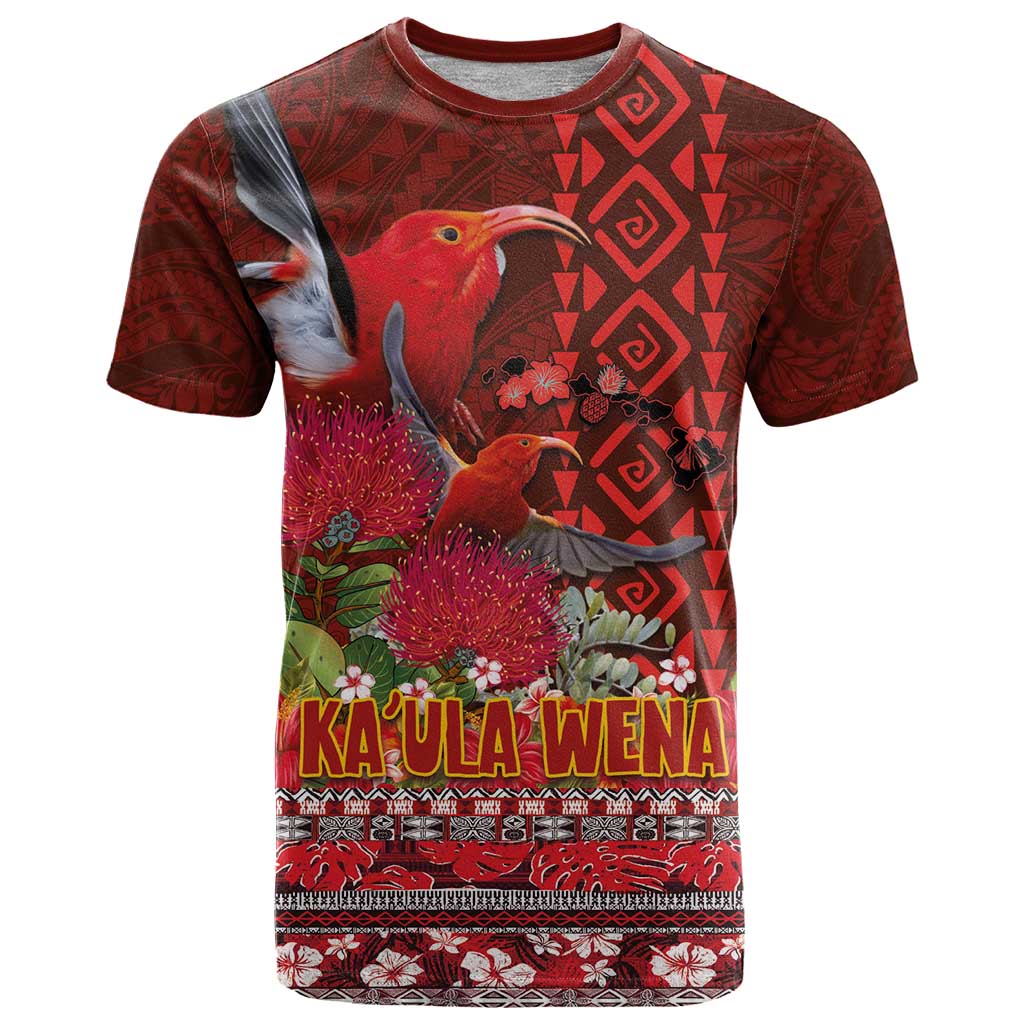 Hawaii KaUla Wena Iiwi T Shirt With Tropical Plants and 'Ohi'a lehua Kakau Art Tattoo LT03 Red - Polynesian Pride