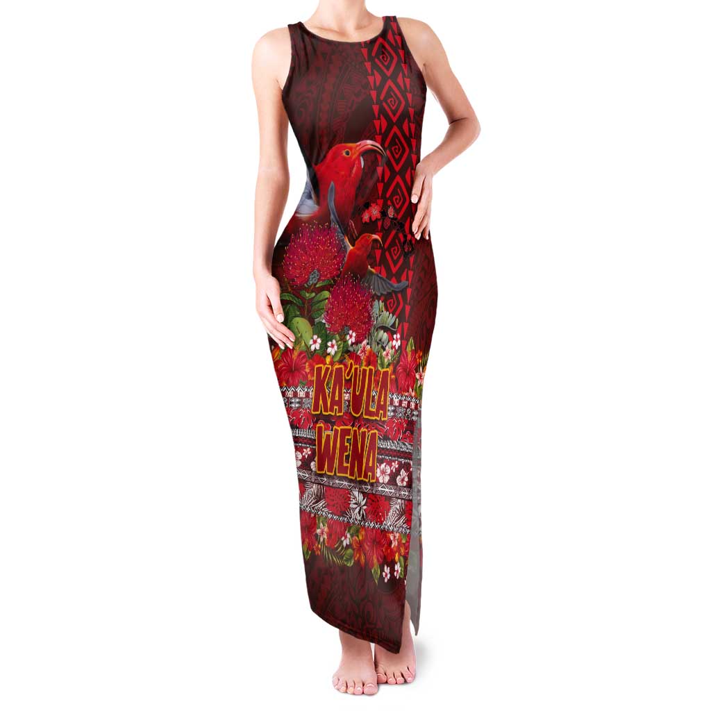 Hawaii KaUla Wena Iiwi Tank Maxi Dress With Tropical Plants and 'Ohi'a lehua Kakau Art Tattoo LT03 Women Red - Polynesian Pride