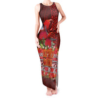 Hawaii KaUla Wena Iiwi Tank Maxi Dress With Tropical Plants and 'Ohi'a lehua Kakau Art Tattoo LT03 Women Red - Polynesian Pride