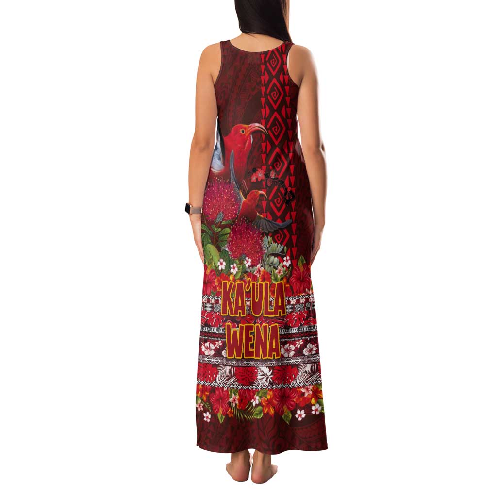 Hawaii KaUla Wena Iiwi Tank Maxi Dress With Tropical Plants and 'Ohi'a lehua Kakau Art Tattoo LT03 - Polynesian Pride