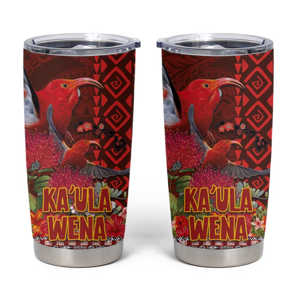 Hawaii KaUla Wena Iiwi Tumbler Cup With Tropical Plants and 'Ohi'a lehua Kakau Art Tattoo LT03 Red - Polynesian Pride