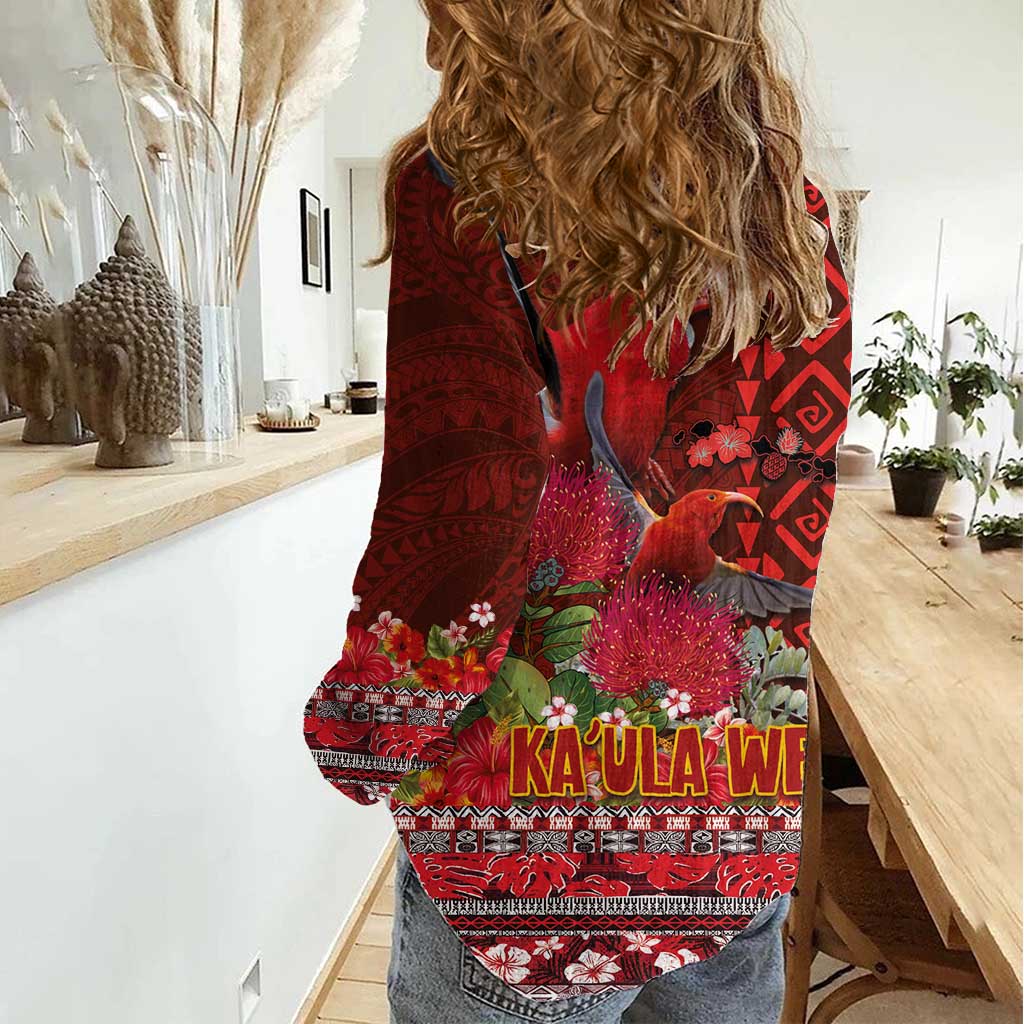 Hawaii KaUla Wena Iiwi Women Casual Shirt With Tropical Plants and 'Ohi'a lehua Kakau Art Tattoo LT03 - Polynesian Pride