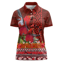 Hawaii KaUla Wena Iiwi Women Polo Shirt With Tropical Plants and 'Ohi'a lehua Kakau Art Tattoo LT03 Female Red - Polynesian Pride