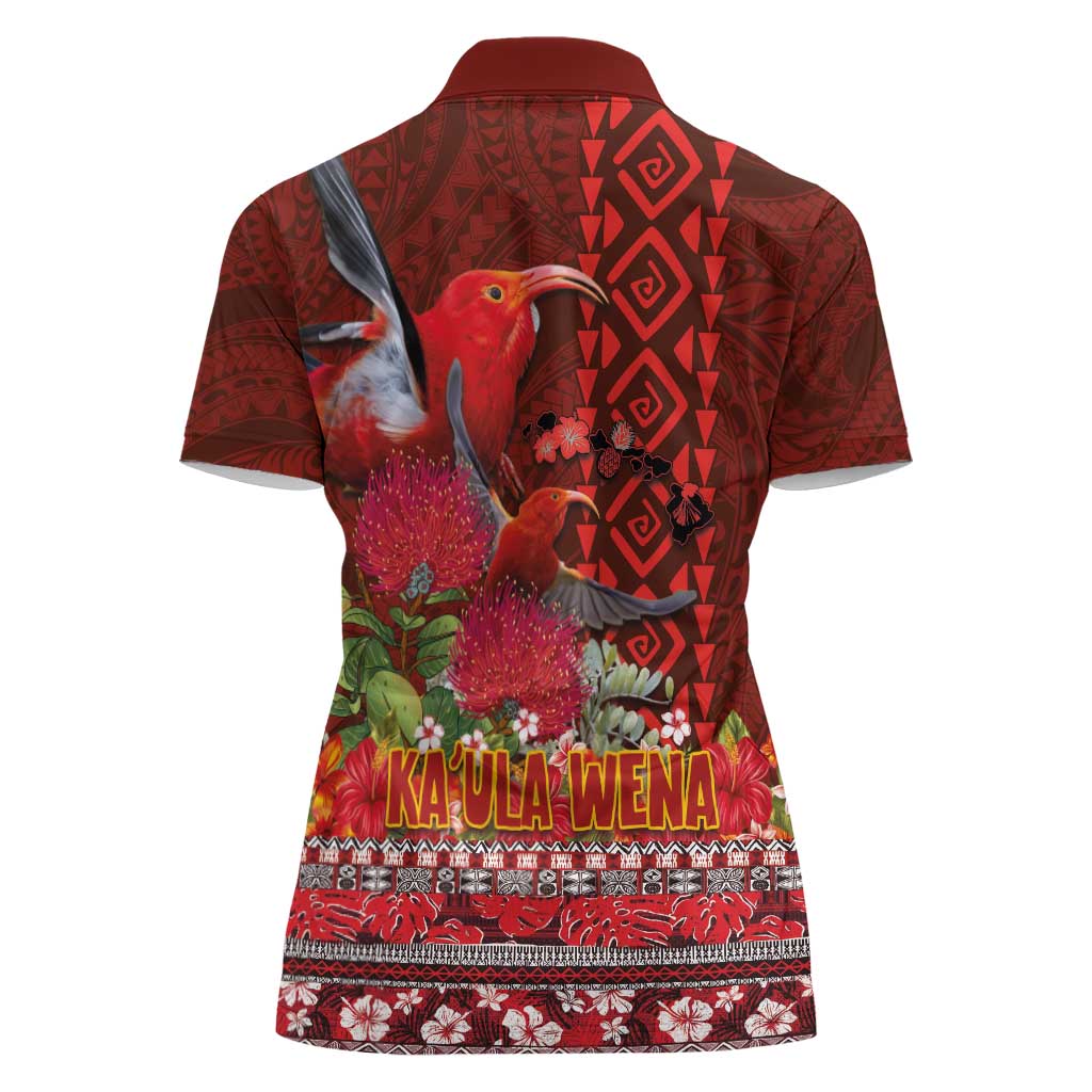 Hawaii KaUla Wena Iiwi Women Polo Shirt With Tropical Plants and 'Ohi'a lehua Kakau Art Tattoo LT03 - Polynesian Pride