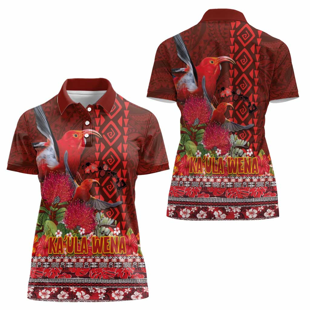 Hawaii KaUla Wena Iiwi Women Polo Shirt With Tropical Plants and 'Ohi'a lehua Kakau Art Tattoo LT03 - Polynesian Pride