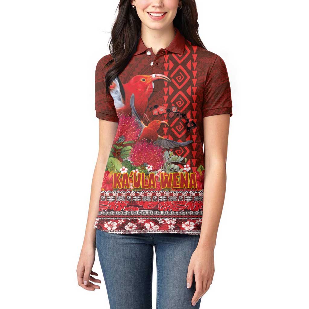 Hawaii KaUla Wena Iiwi Women Polo Shirt With Tropical Plants and 'Ohi'a lehua Kakau Art Tattoo LT03 - Polynesian Pride
