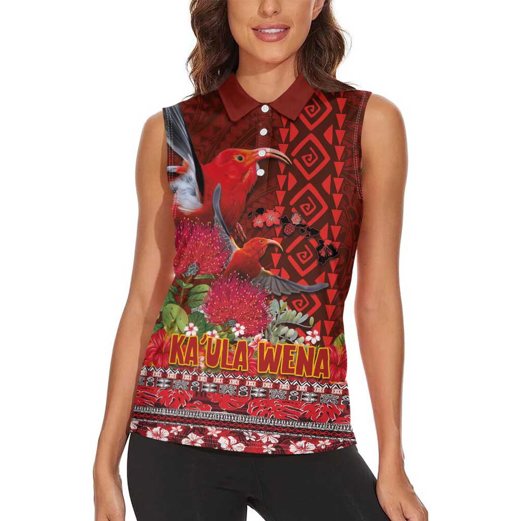 Hawaii KaʻUla Wena ʻIʻiwi Women Sleeveless Polo Shirt With Tropical Plants and 'Ohi'a lehua Kakau Art Tattoo