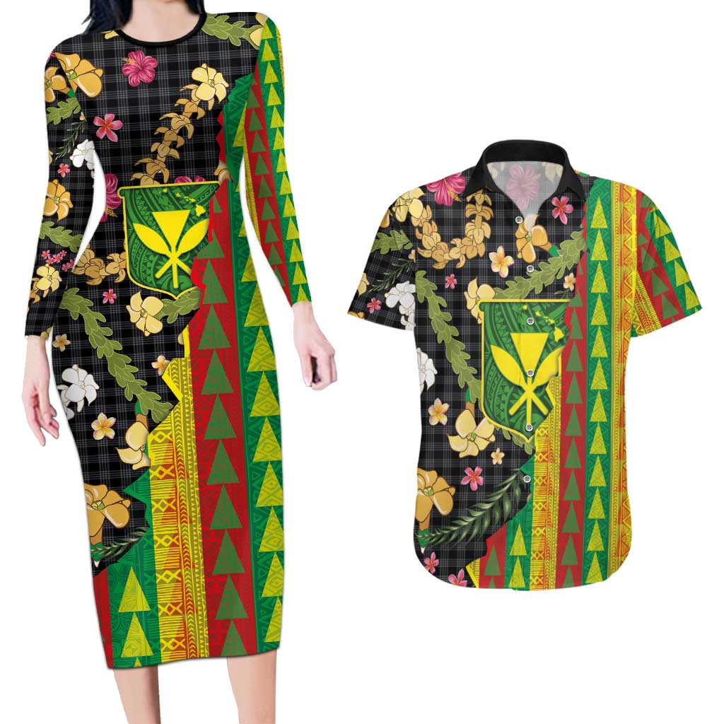 Hawaiian Tropical Plants Lei Couples Matching Long Sleeve Bodycon Dress and Hawaiian Shirt Kanaka Maoli Tribal with Palaka Motifs - Polynesian Pride