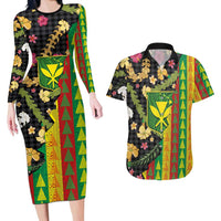 Hawaiian Tropical Plants Lei Couples Matching Long Sleeve Bodycon Dress and Hawaiian Shirt Kanaka Maoli Tribal with Palaka Motifs LT03 Multicolor - Polynesian Pride