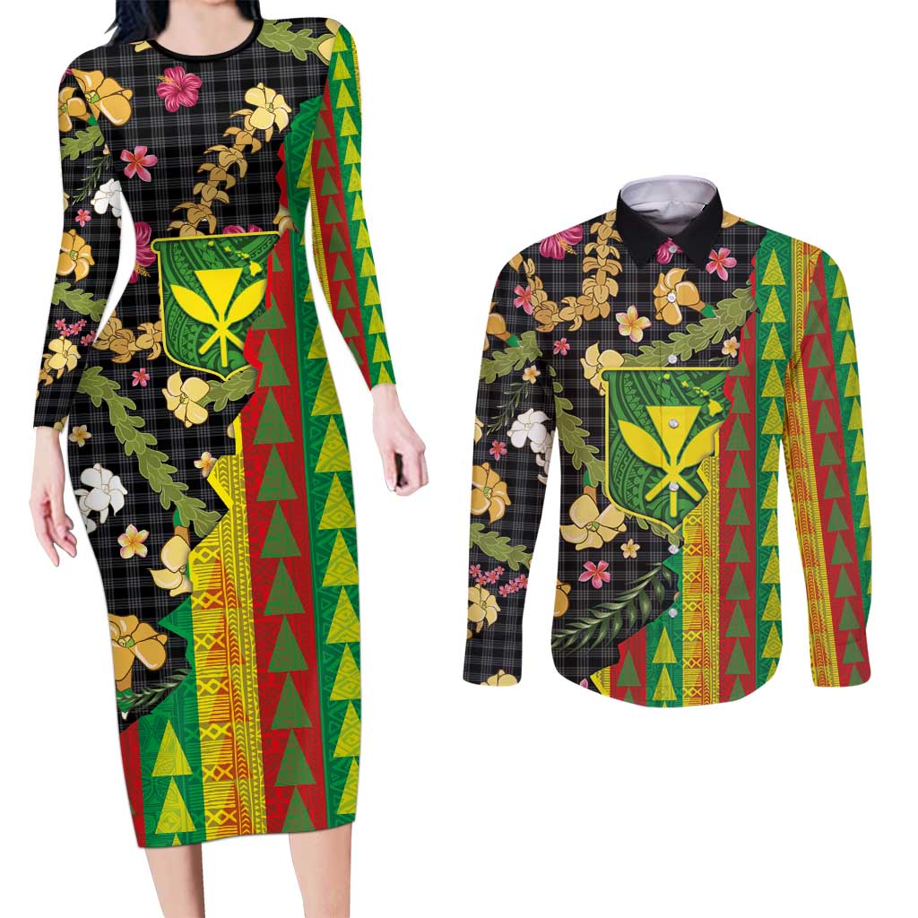Hawaiian Tropical Plants Lei Couples Matching Long Sleeve Bodycon Dress and Long Sleeve Button Shirt Kanaka Maoli Tribal with Palaka Motifs LT03 Multicolor - Polynesian Pride