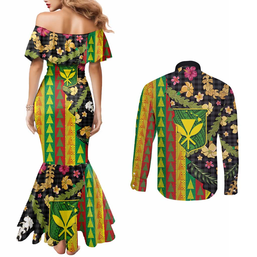 Hawaiian Tropical Plants Lei Couples Matching Mermaid Dress and Long Sleeve Button Shirt Kanaka Maoli Tribal with Palaka Motifs LT03 - Polynesian Pride