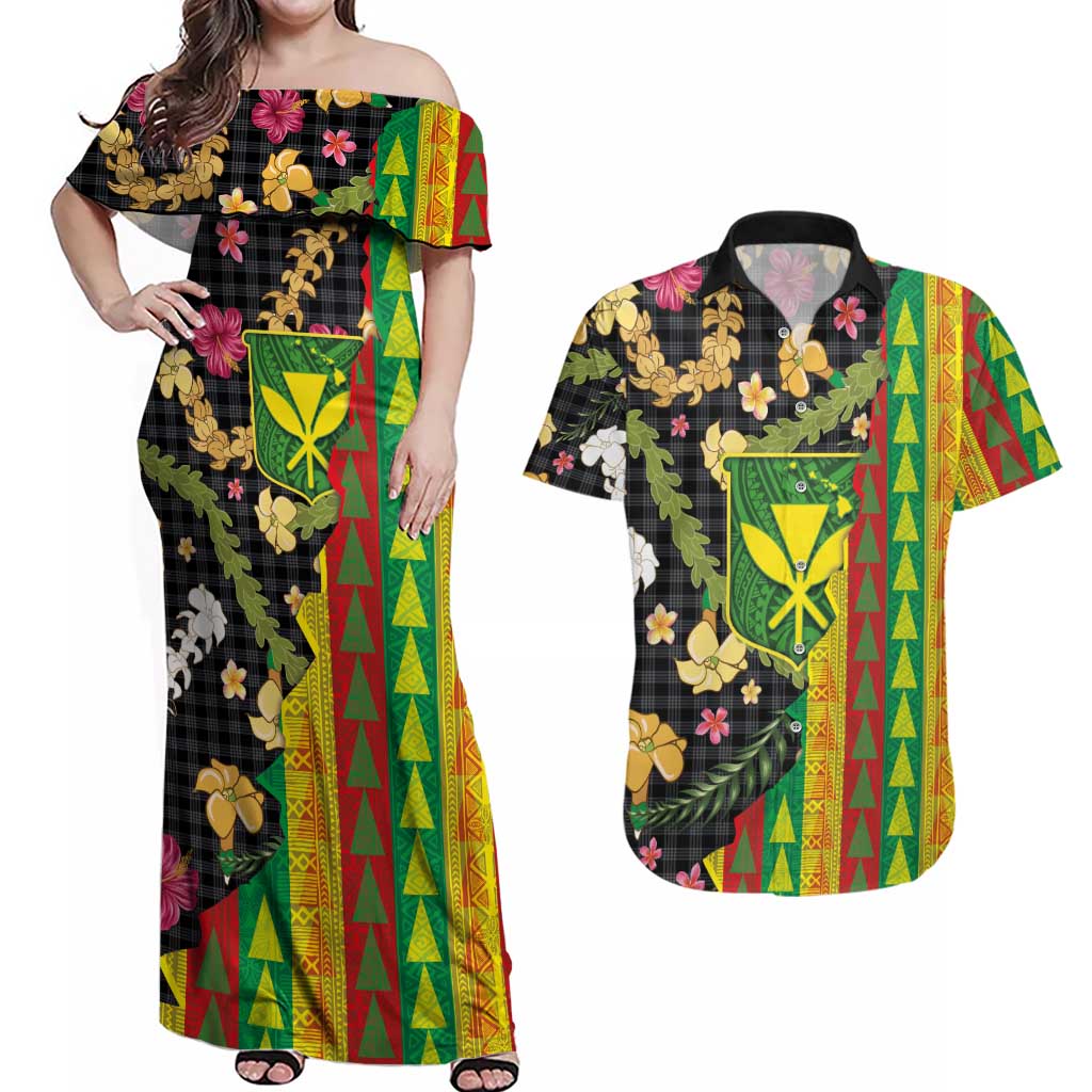 Hawaiian Tropical Plants Lei Couples Matching Off Shoulder Maxi Dress and Hawaiian Shirt Kanaka Maoli Tribal with Palaka Motifs LT03 Multicolor - Polynesian Pride