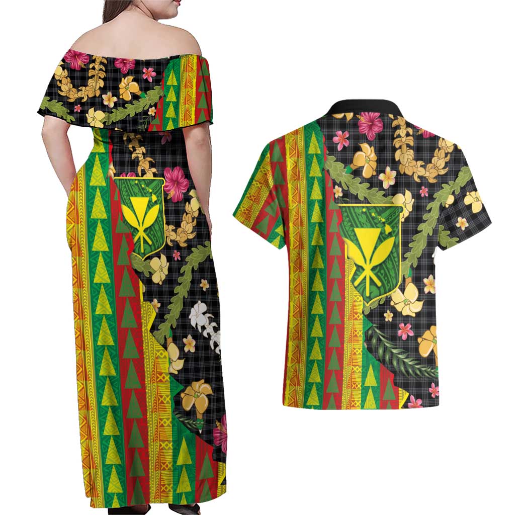 Hawaiian Tropical Plants Lei Couples Matching Off Shoulder Maxi Dress and Hawaiian Shirt Kanaka Maoli Tribal with Palaka Motifs LT03 - Polynesian Pride