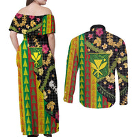 Hawaiian Tropical Plants Lei Couples Matching Off Shoulder Maxi Dress and Long Sleeve Button Shirt Kanaka Maoli Tribal with Palaka Motifs LT03 - Polynesian Pride
