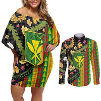 Hawaiian Tropical Plants Lei Couples Matching Off Shoulder Short Dress and Long Sleeve Button Shirt Kanaka Maoli Tribal with Palaka Motifs LT03 Multicolor - Polynesian Pride
